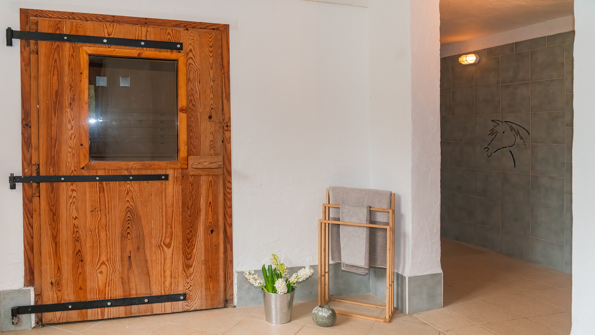 Indoor-Sauna mit Dusche im Ferienhaus Lot